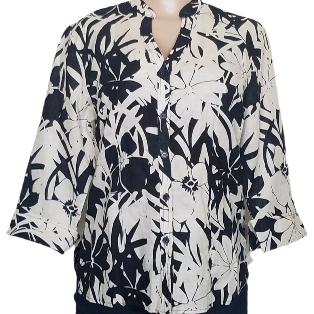 Harve Benard Linen Button Top 3/4 Sleeves Floral L